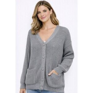 Qualfort Women's Gray‎ Cotton Button Down Cardigan Sweater Size Large